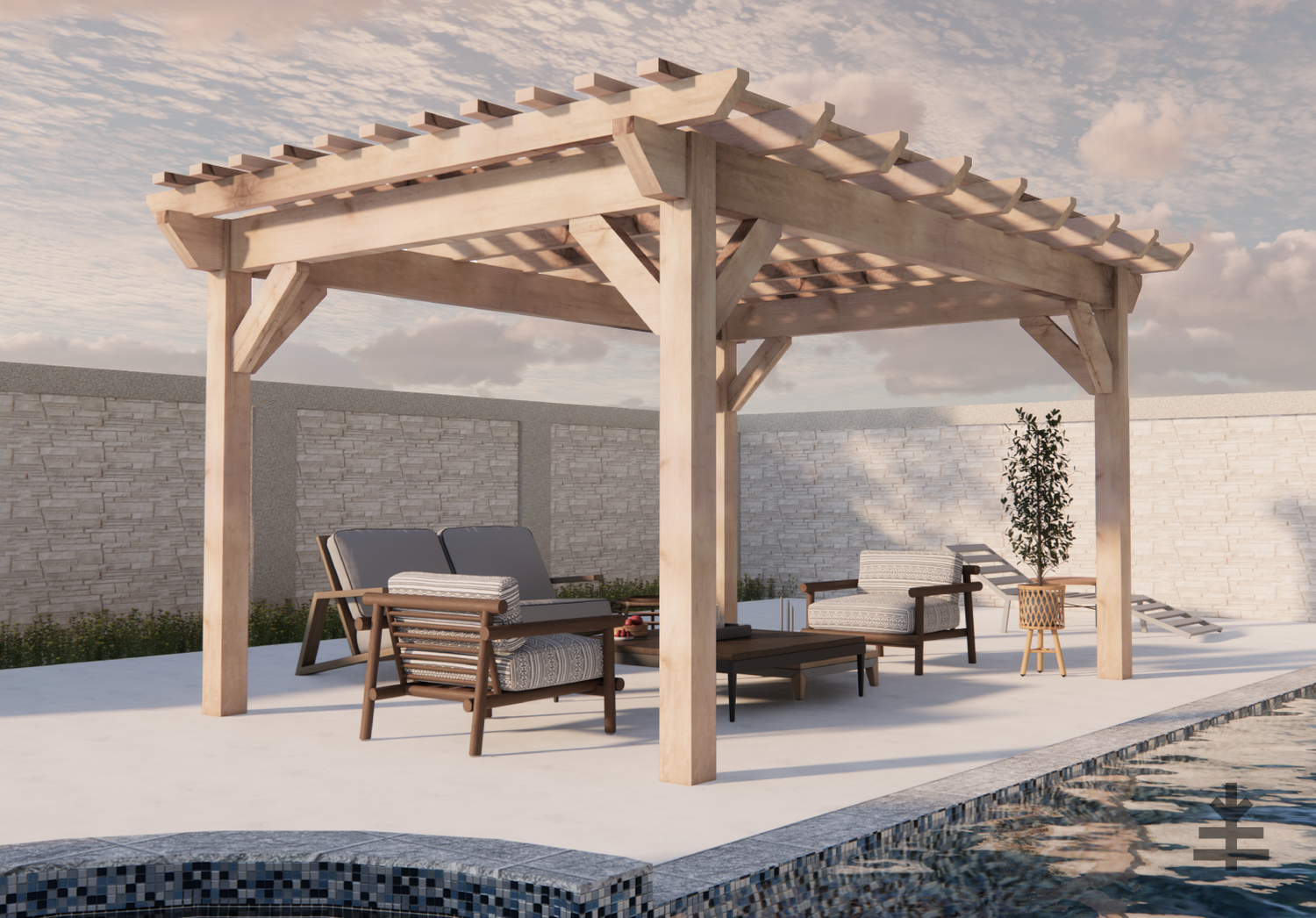 Pool-side 12x16 pergola angled view rendering