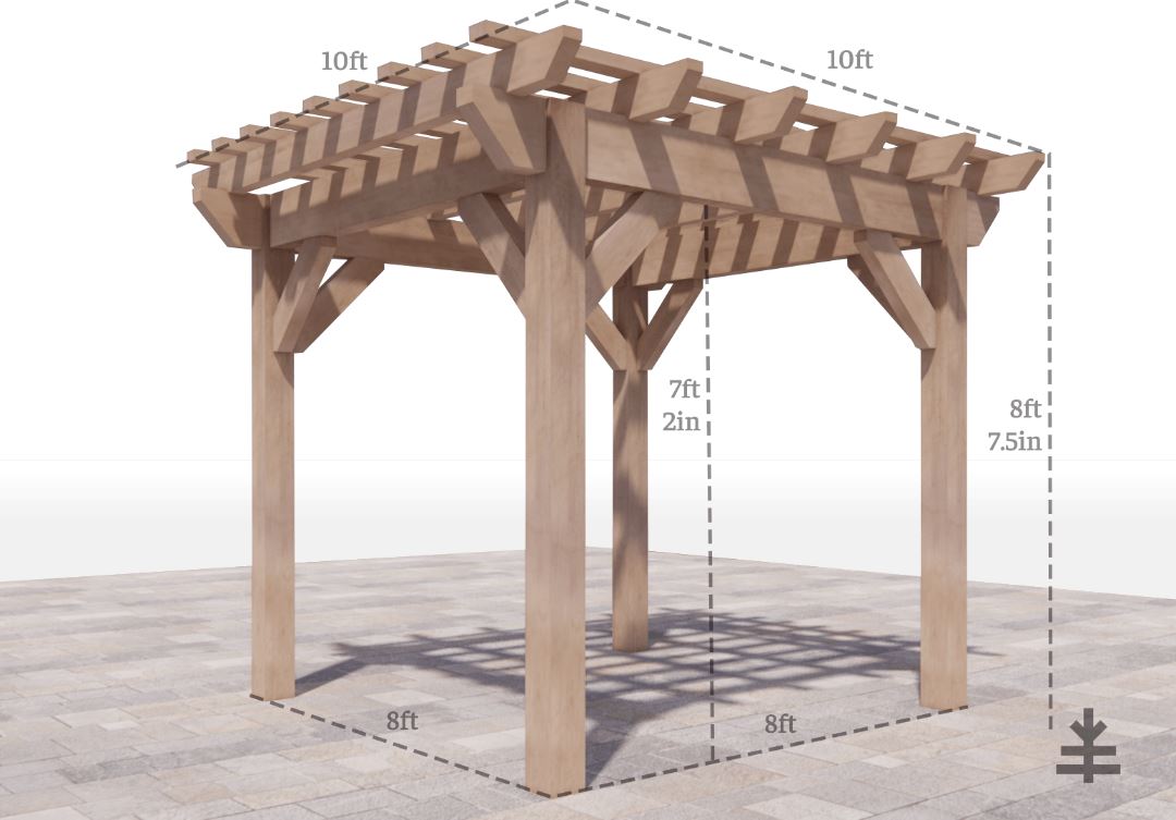 10x10 angled pergola with dimensions 8x8 footprint 7ft 2in head clearance 8ft 7.5 in height