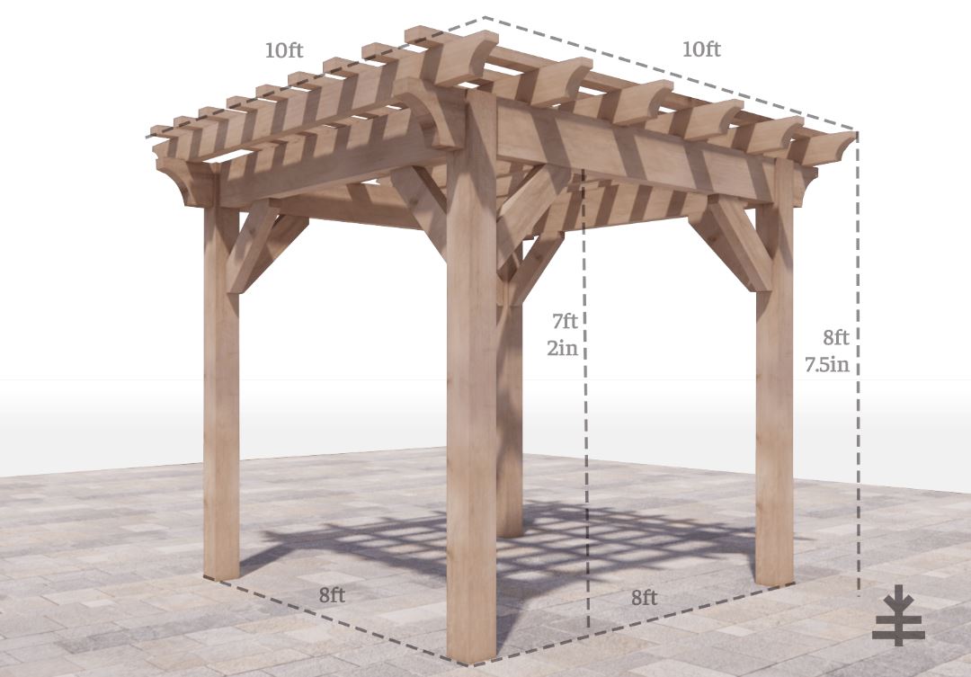 10x10 curved pergola with dimensions 8x8 footprint 7ft 2in head clearance 8ft 7.5 in height