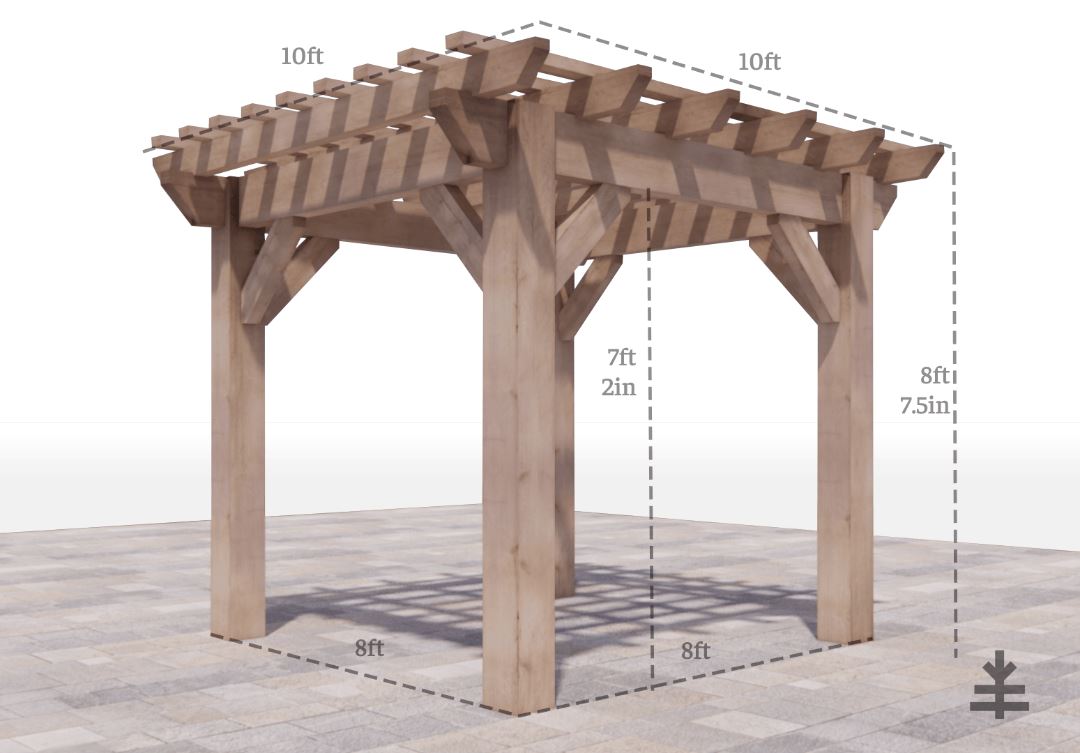 10x10 angled pergola with dimensions 8x8 footprint 7ft 2in head clearance 8ft 7.5 in height