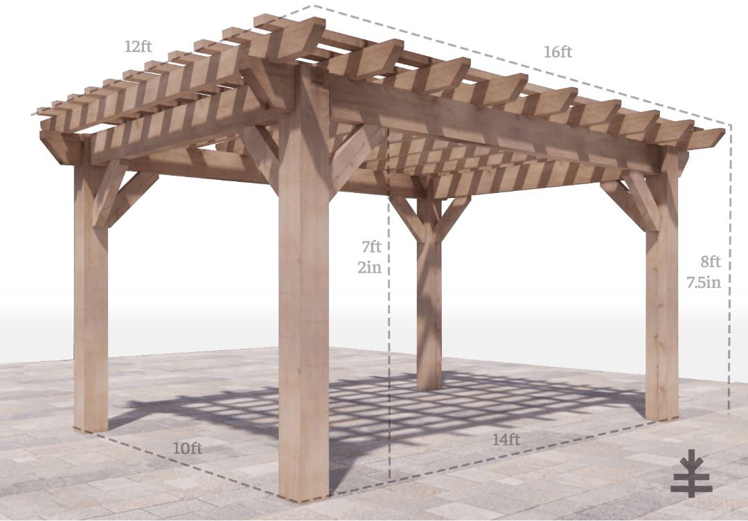 12x16 angled pergola with dimensions 10x14 footprint 7ft 2in head clearance 8ft 7.5 in height