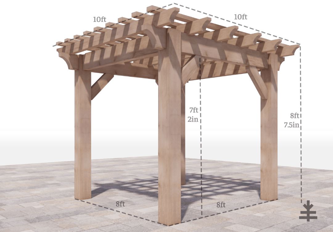 10x10 curved pergola with dimensions 8x8 footprint 7ft 2in head clearance 8ft 7.5 in height