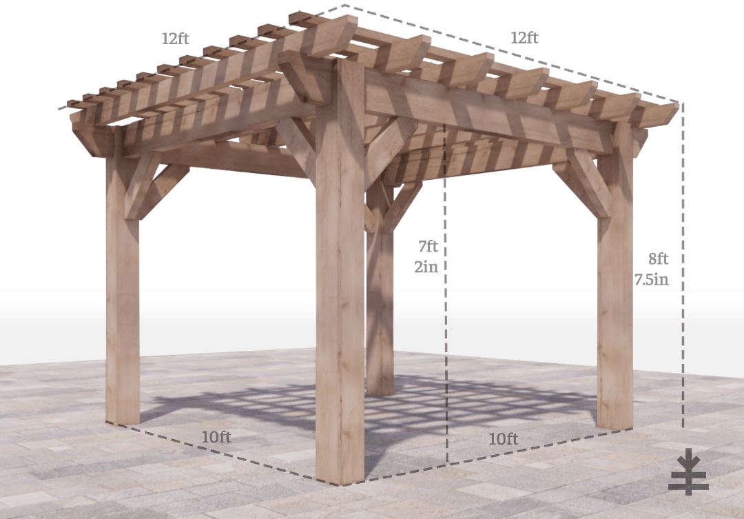 12x12 angled pergola with dimensions 10x10 footprint 7ft 2in head clearance 8ft 7.5 in height