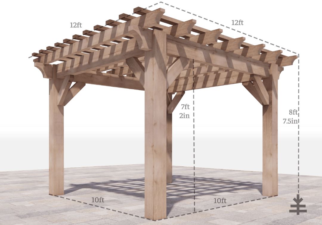 12x12 curved pergola with dimensions 10x10 footprint 7ft 2in head clearance 8ft 7.5 in height