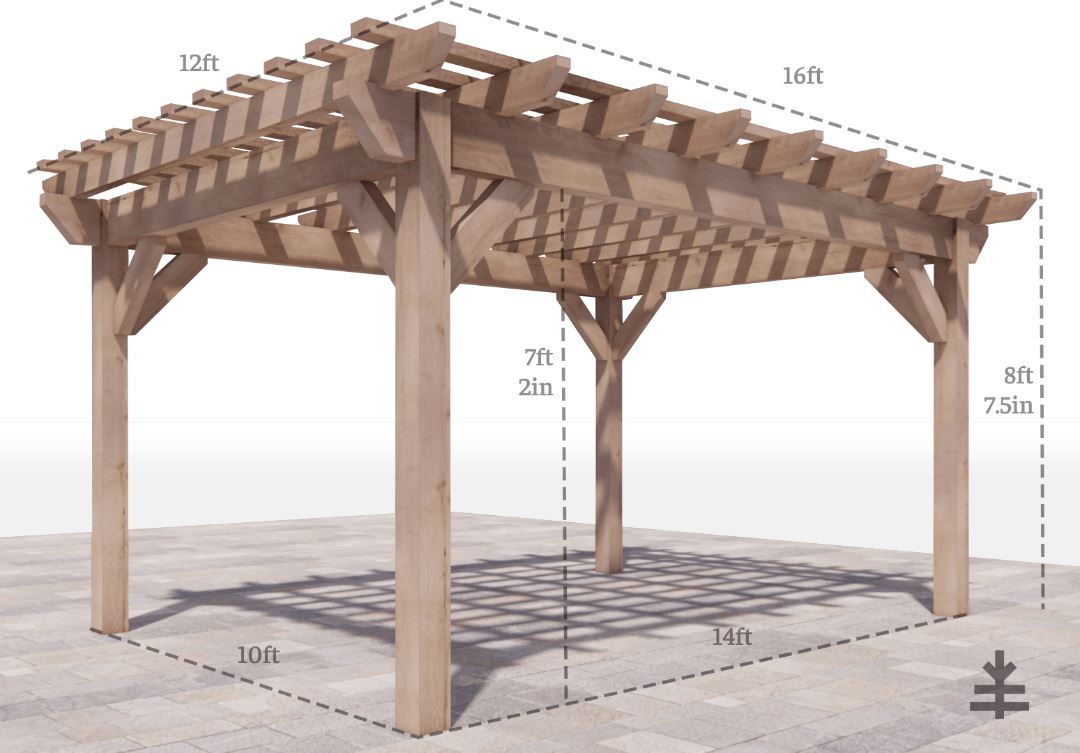 12x16 angled pergola with dimensions 10x14 footprint 7ft 2in head clearance 8ft 7.5 in height