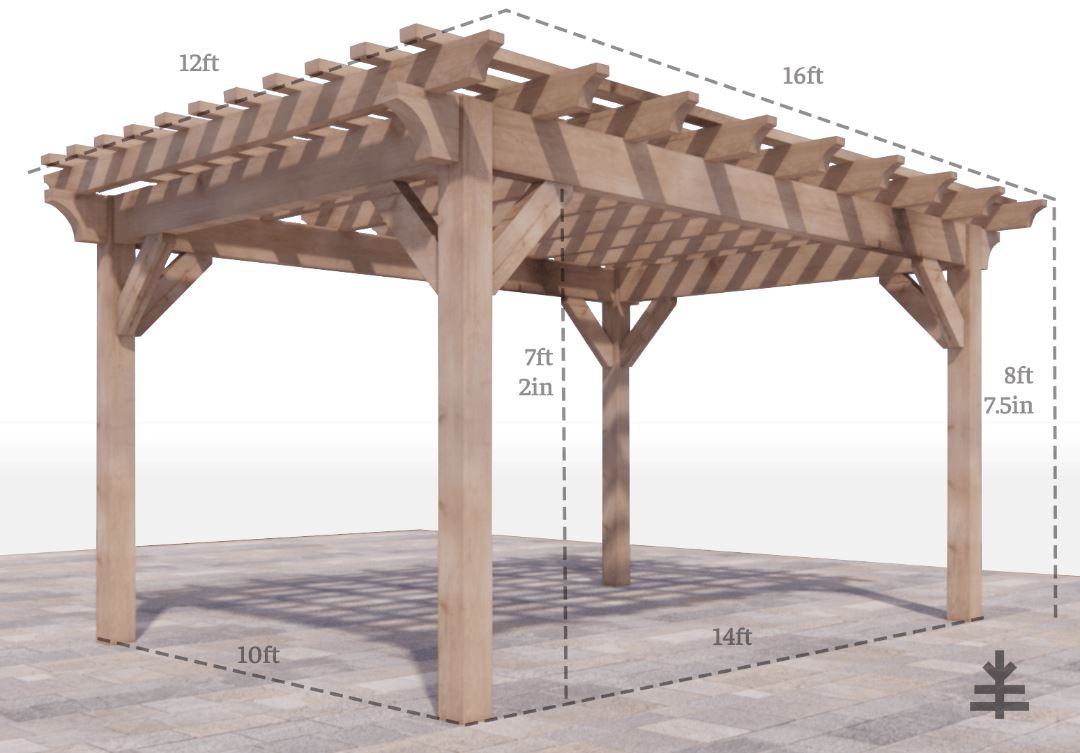 12x16 curved pergola with dimensions 10x14 footprint 7ft 2in head clearance 8ft 7.5 in height